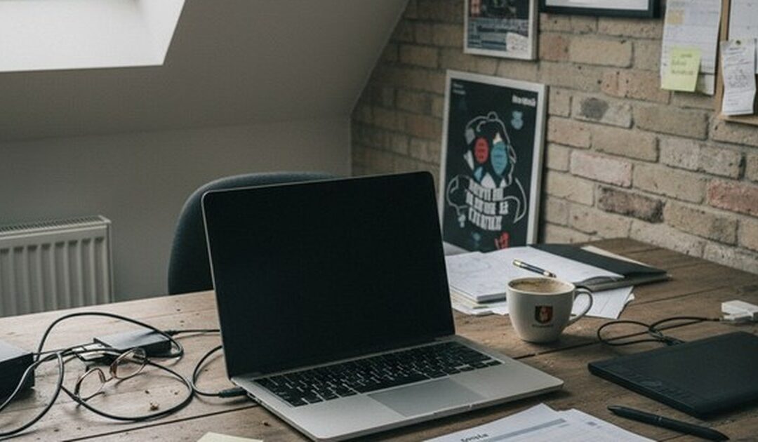 Cloud pour indépendant : bureau avec ordinateur portable en panne, écran noir