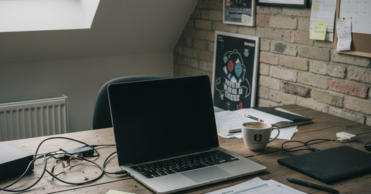Cloud pour indépendant : bureau avec ordinateur portable en panne, écran noir