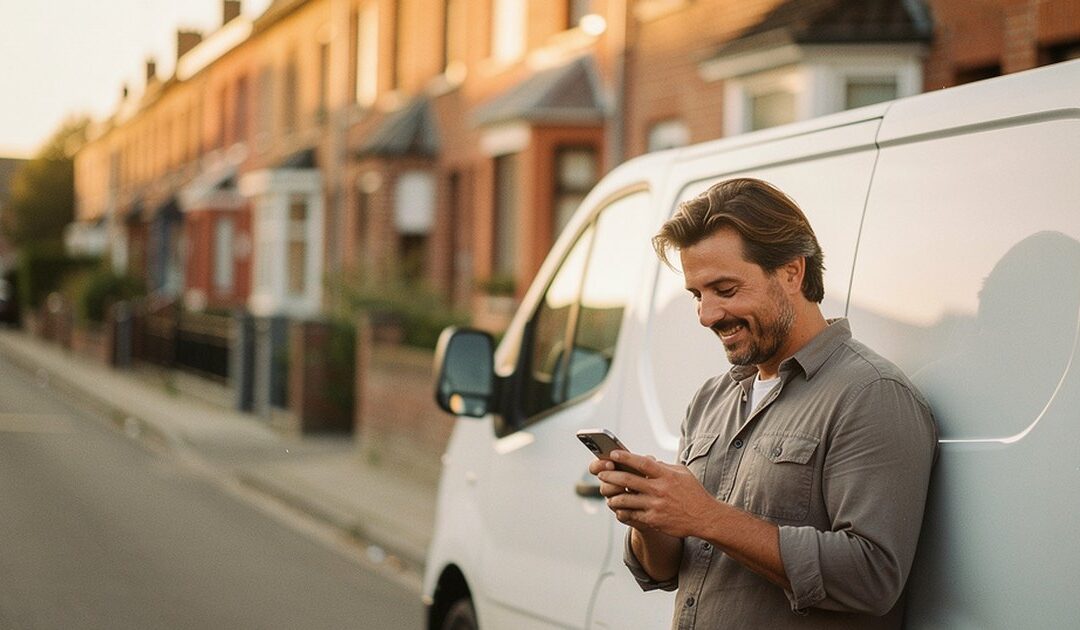 Plombier indépendant souriant qui consulte son smartphone, adossé à sa camionnette blanche dans une rue de maisons en briques