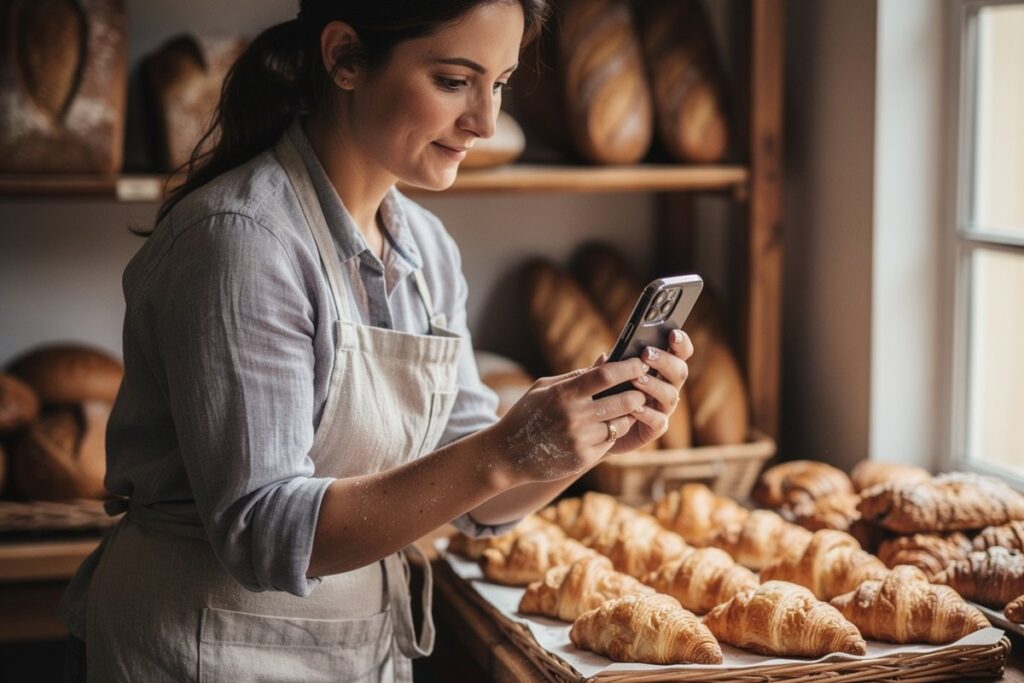 Boulangère en tablier qui photographie ses croissants et ses pains avec son smartphone dans sa boulangerie