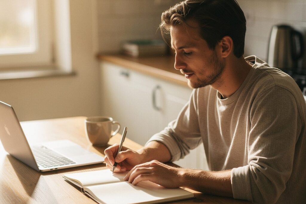 Entrepreneur indépendant qui prend des notes dans un carnet à la table de sa cuisine, ordinateur portable et tasse de café