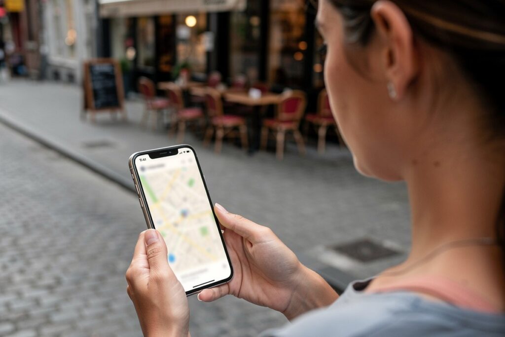 Passante qui consulte une carte sur son smartphone dans une rue pavée d'un centre-ville belge, terrasses en arrière-plan